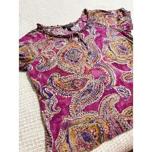Lauren Ralph Lauren Paisley Boho Cotton Peasant Top XL Pink Hippie Festival Art